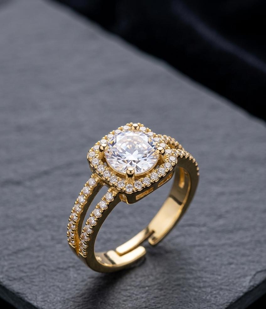 Adjustable American Diamond Halo Ring for Women – Gold Plated Double Band Square Solitaire Ring