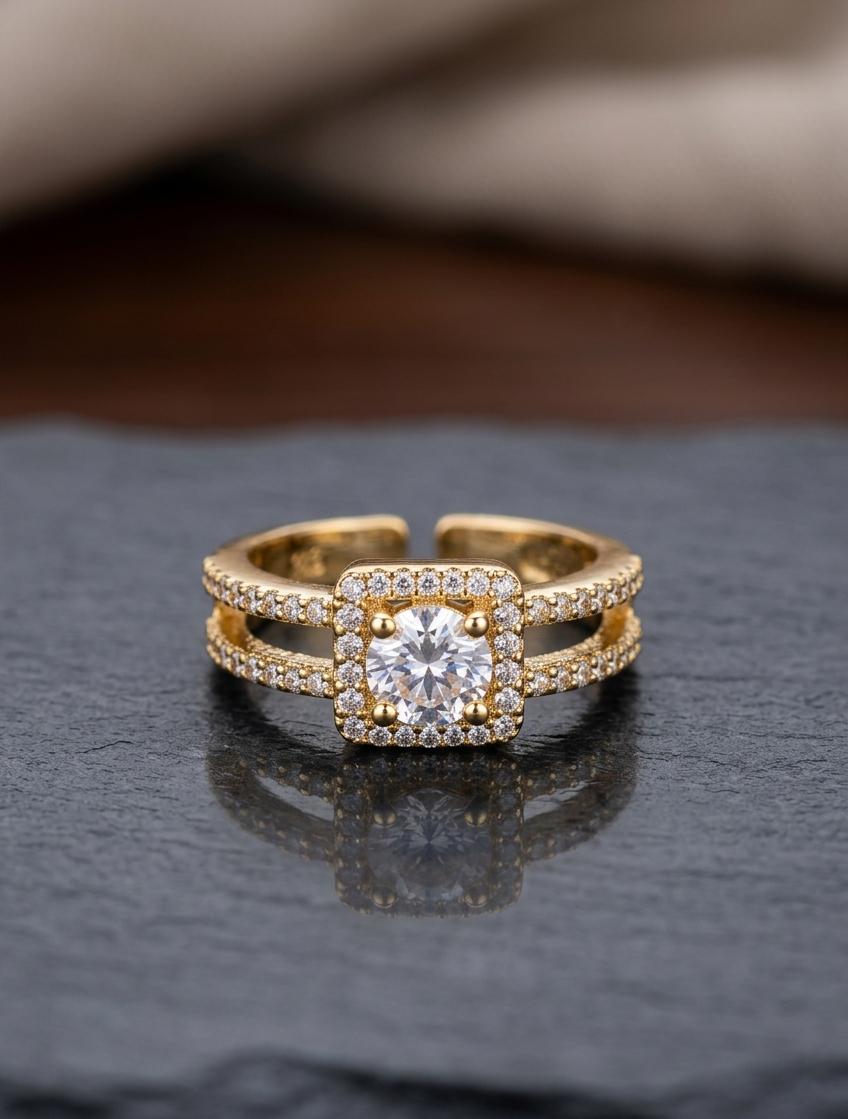 Adjustable American Diamond Halo Ring for Women – Gold Plated Double Band Square Solitaire Ring