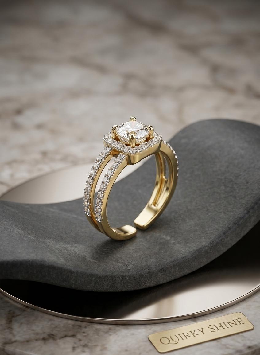 Adjustable American Diamond Halo Ring for Women – Gold Plated Double Band Open Ring