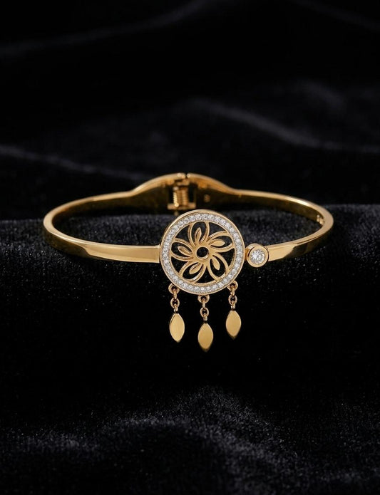 Gold-Plated Floral Adjustable Bracelet for Women | Anti-Tarnish Charm Kada with Dangling Charms