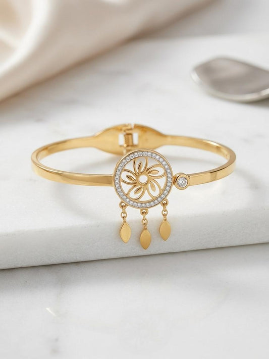 Gold-Plated Floral Adjustable Bracelet for Women | Anti-Tarnish Charm Kada with Dangling Charms