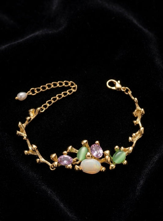 Multi-Stone Gold-Plated Adjustable Bracelet for Women | Anti-Tarnish Floral Charm Bracelet