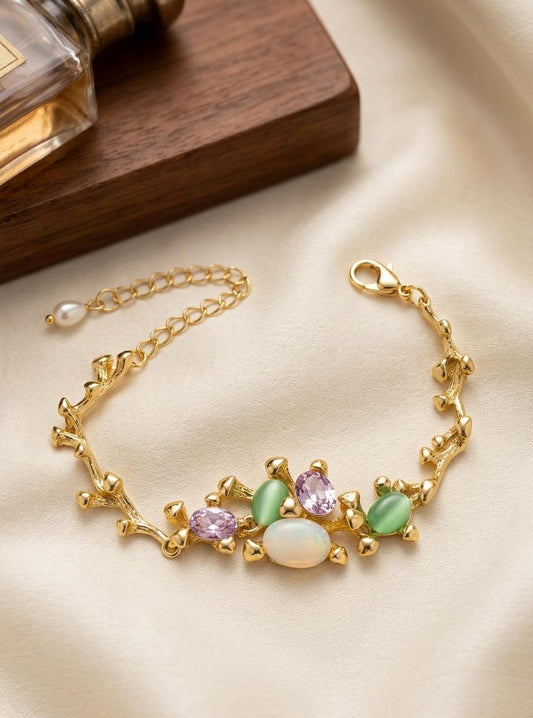 Multi-Stone Gold-Plated Adjustable Bracelet for Women | Anti-Tarnish Floral Charm Bracelet