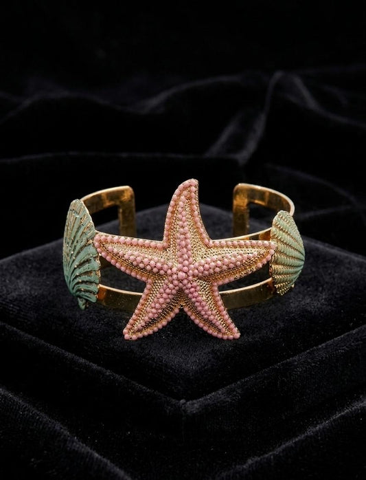 Starfish Shell Gold-Plated Adjustable Cuff Bracelet for Women | Beach Style Statement Bracelet