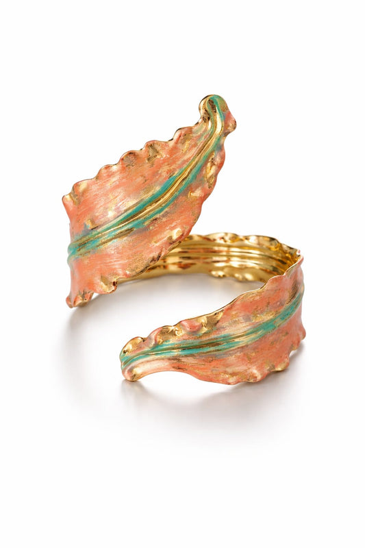 Abstract Coral Enamel Gold-Plated Adjustable Cuff Bracelet for Women | Statement Artistic Bracelet