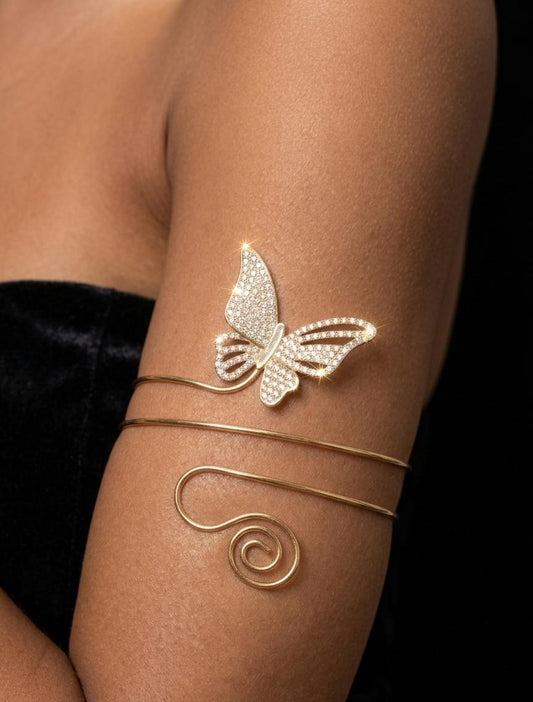 Gold Butterfly Adjustable Arm Cuff for Women | Textured Statement Arm Bracelet