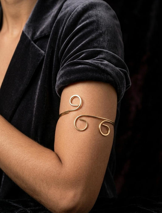 Gold Minimal Spiral Adjustable Arm Cuff for Women | Sleek Open Wire Arm Bracelet