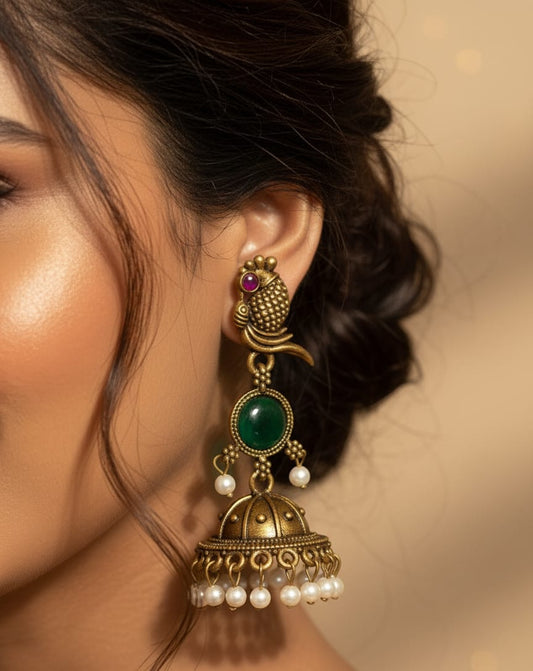 Antique Gold-Plated Peacock Green Stone Jhumka Earrings with Pearl Drops