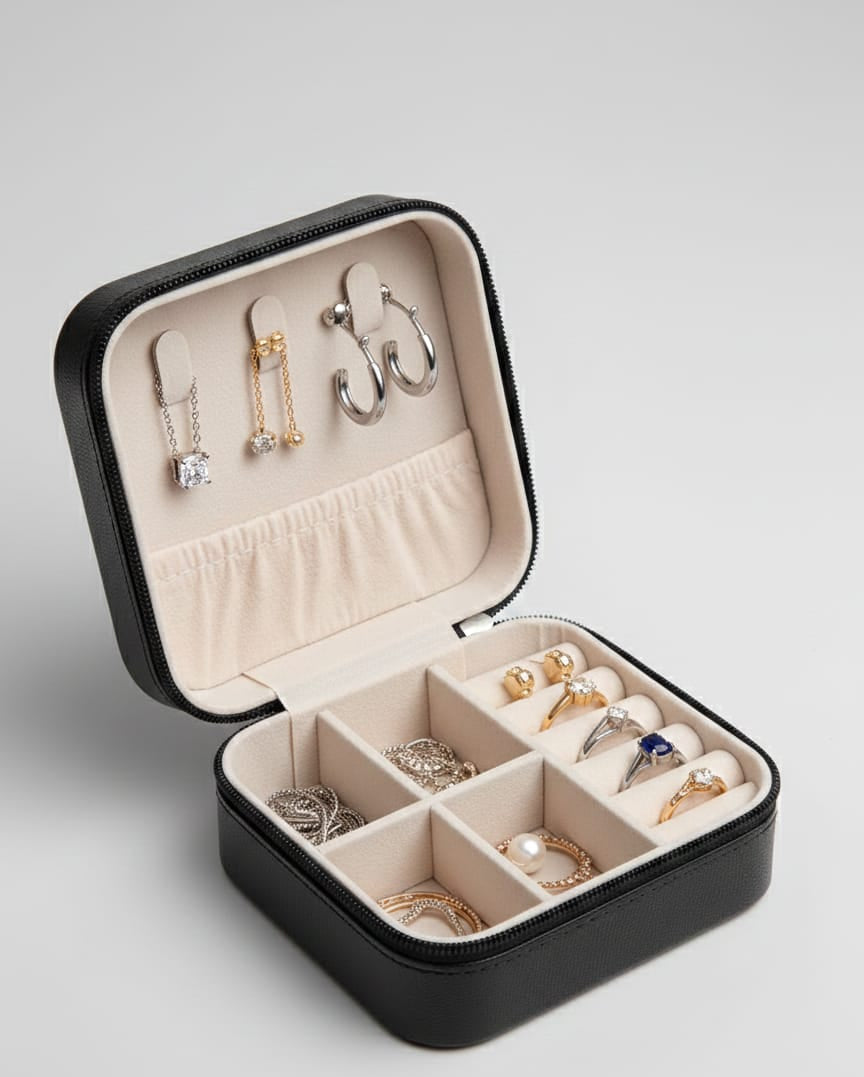 Jewelry organizer with various earrings and rings on a light gray background