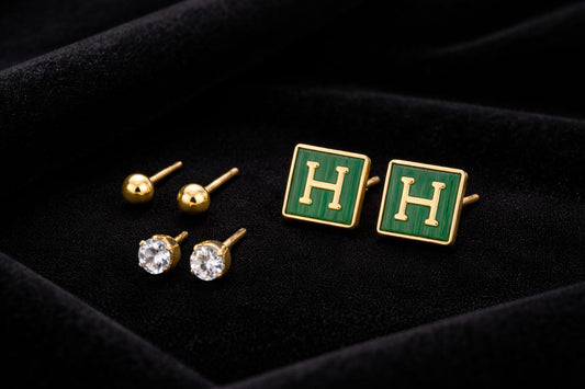 3 Pair Gold Stud Earring Set – Initial Letter, Ball & Crystal Stud Earrings