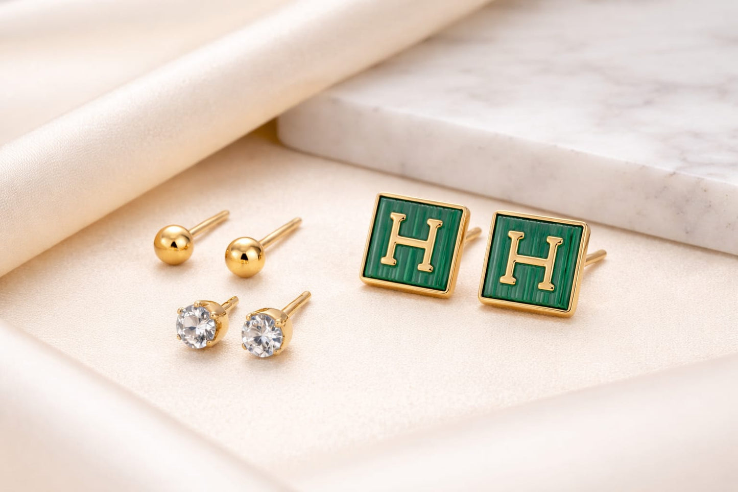 3 Pair Gold Stud Earring Set – Initial Letter, Ball & Crystal Stud Earrings