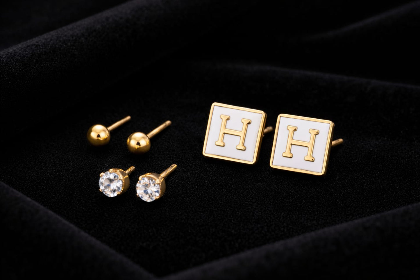 3 Pair Gold Stud Earring Set – Initial Letter, Ball & Crystal Stud Earrings