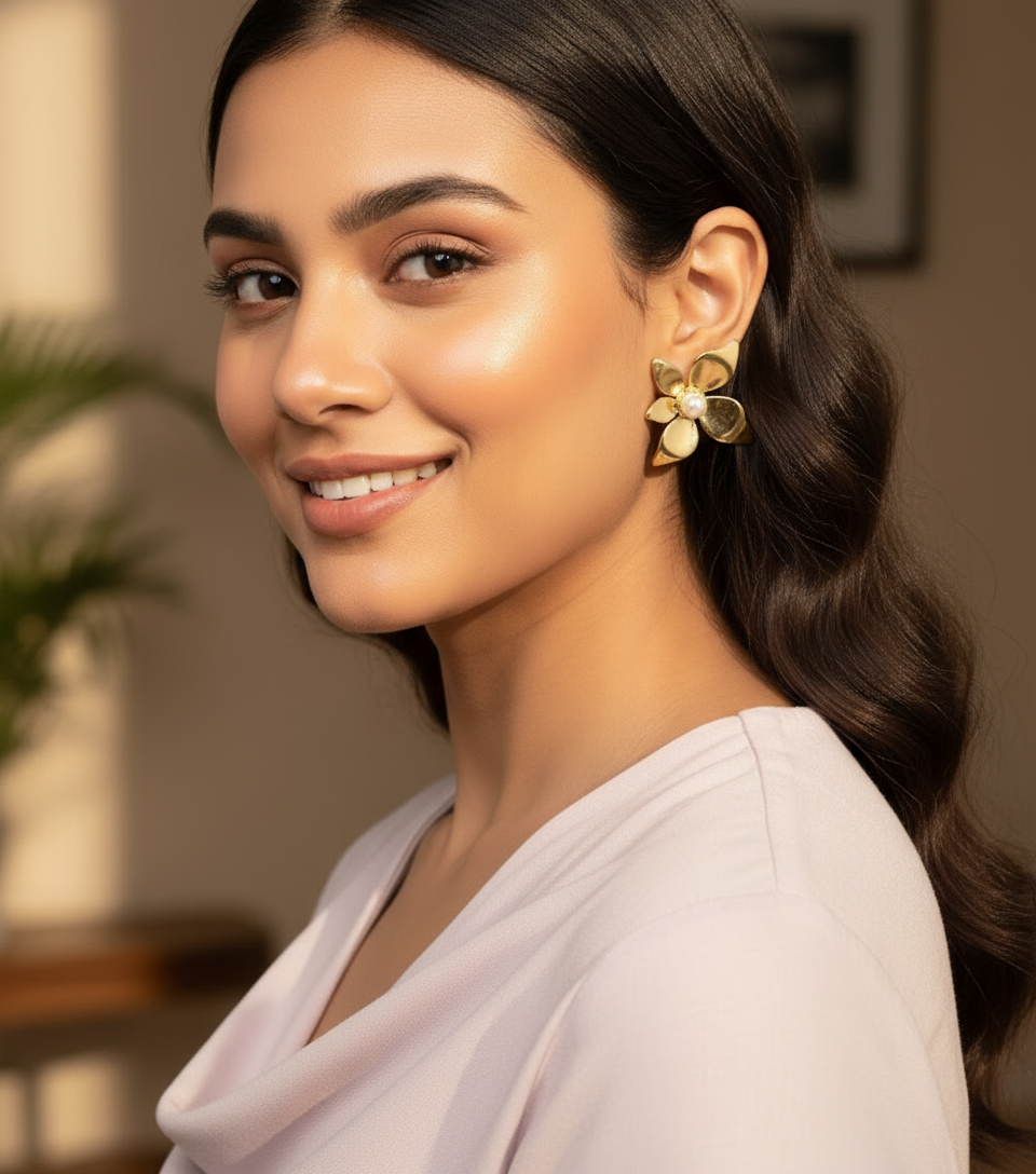 Floral Stud Earrings with Pearl